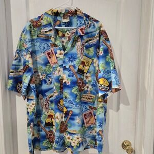 Winnie Fashion Hawaiian Shirt Mens XL Blue Postcard Print Made iHawaii Excellent